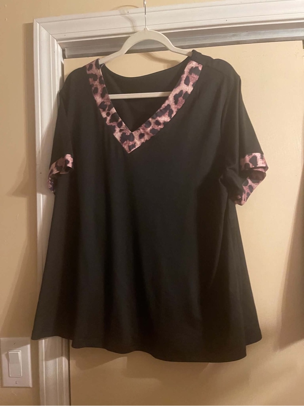 Black V-Neck Tunic with Pink Leopard Trim